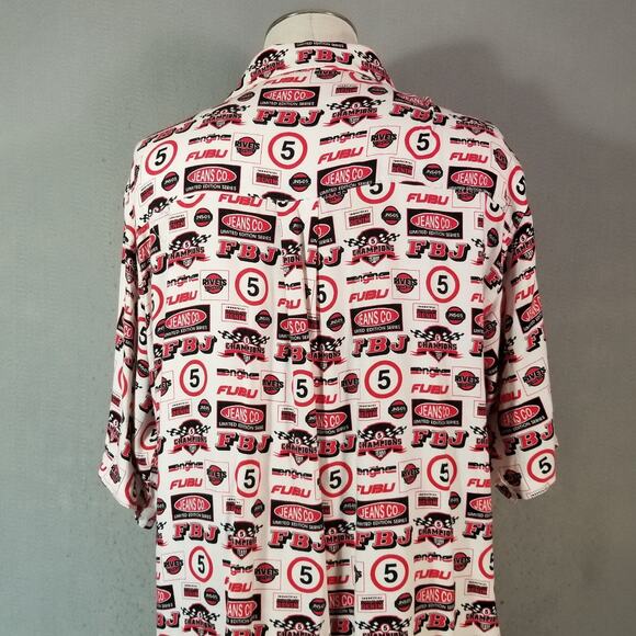 FUBU shirt men's large white button up short sleeve all over print Y2K Hip Hop - Picture 10 of 12